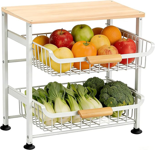 3-Layer Fruit Basket Kitchen Food Organizer and Rack Rolling Pantry Kitchen Cart On Wheels with Wood Top Table,Pull-Out Hollow Metal Basket for Sorting Spice Snacks Vegetables,White