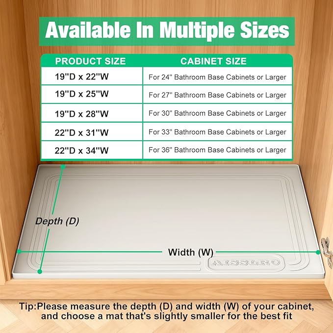 Aisslro Under Sink Mat 34" X 22", Waterproof Silicone Under Sink Mats for Kitchen, Anti-Leak Shelf Liner & Cabinet Protector with Raised Edge, [BPA Free] Bathroom Tray Home Organizer, Beige