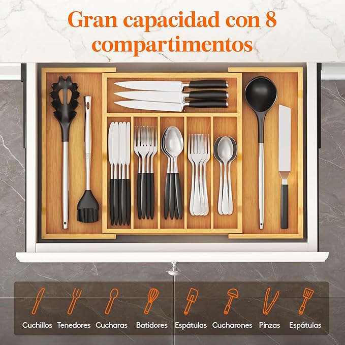Lifewit Silverware Drawer Organizer, Expandable Utensil Tray for Kitchen, Bamboo Flatware and Cutlery Holder, Wood Adjustable Storage for Spoons Forks Knives, 13-22x15"/ 33 -56x38cm, Natural
