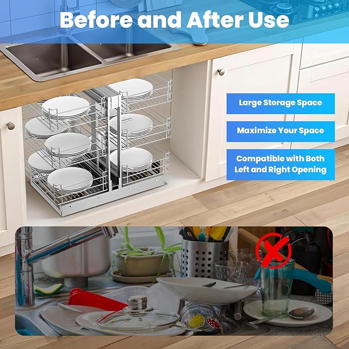 Min 17" W Opening Blind Corner Pull Out Organizer, 3 Tier 6 Shelf Kitchen Cabinet Organizer, Chrome Carbon Steel Storage Basket, Slide Out Storage Organizer, Left & Right Open Compatible