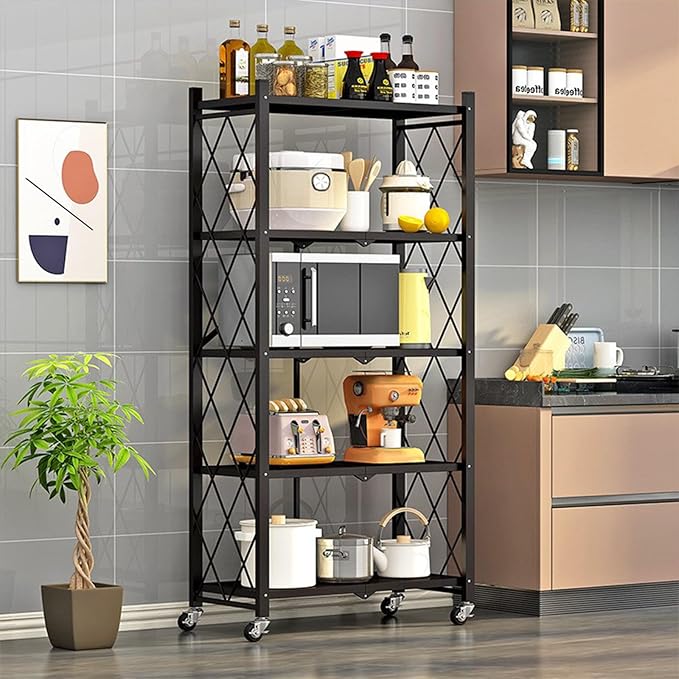 Foldable Storage Shelves with Wheels, Folding Shelving Units Storage, Heavy Duty Metal Collapsible Shelf No Assembly, Large Capacity Pop-Up Organizer for Garage,Kitchen,Living Room, 5-Tier Black