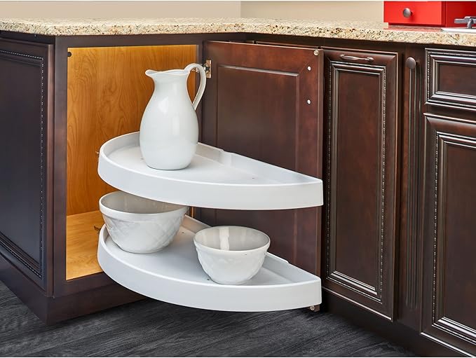 Rev-A-Shelf 39" Pull Out Half Moon Shelves for Blind Corner Kitchen/Bathroom Cabinets, 2 Shelf Sliding Organizer with Hardware, White, 6882-39-11-570