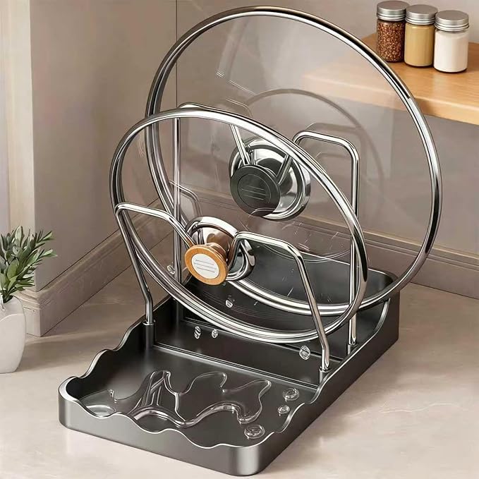 Kitchen Pot Lid Storage Rack - Pot Lid Organizer, Multifunctional Pot Lid Holder While Cooking, Rust-Resistant Carbon Steel, For Cutting Boards, Spoons, Utensils (Black-B, Double Layer)