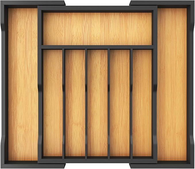 Lifewit Silverware Drawer Organizer, Expandable Utensil Tray for Kitchen, Bamboo Flatware and Cutlery Holder, Wood Adjustable Storage for Spoons Forks Knives, 13-22x15"/ 33 -56x38cm, Natural and Black