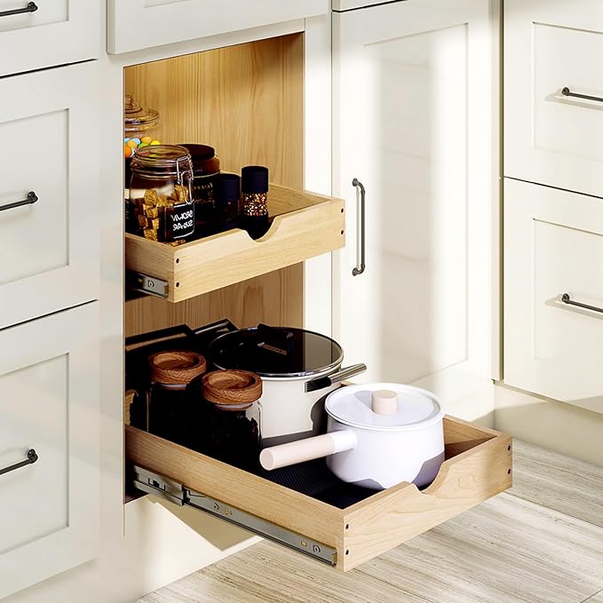 YORKING 2 Tier Pull Out Cabinet Organizer,14" W x 21" D Wooden Cabinet Roll Out Drawers,Heavy-Duty Slide out Wood Drawer Shelf,Pull Out Drawer for Cabinets,Pantry, Bathroom,Kitchen
