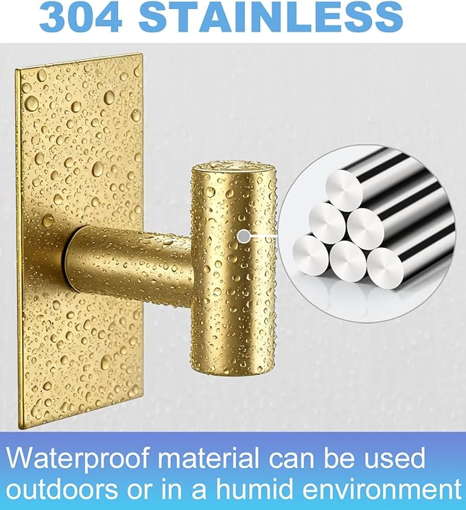8 Pcs Towel Hooks Heavy Duty for Hanging，Adhesive Wall Hooks with Removable Strips，Sticky No Damage，Outdoor for Bathrooms，Shower，Stockings，Decor，Robe，Large，Gold 304 Stainless Steel