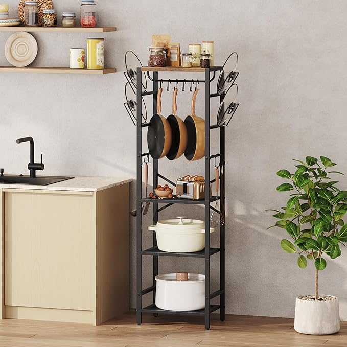 4-Tier Pot Rack, Pots and Pans Organizer for Kitchen, Lid Organizer Rack with U-Shaped Lid Holders, Kitchen Storage Shelf for Standing Cookware, Rustic Brown and Black POHR3001