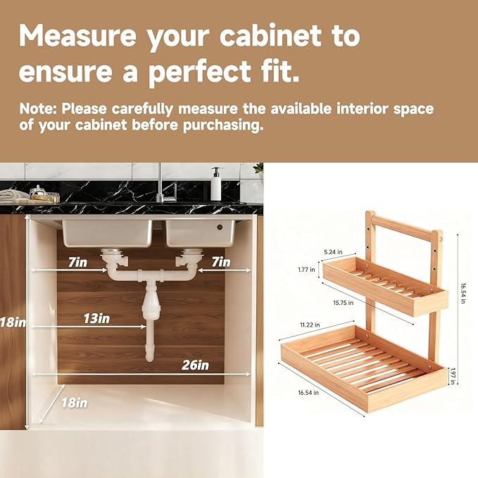 Bamboo Undersink Organizer Storage - 2-Tier Cabinet Shelf with Adjustable Levels, Under Sink Storage Slide Out for Cabinet Pantry Kitchen Bathroom