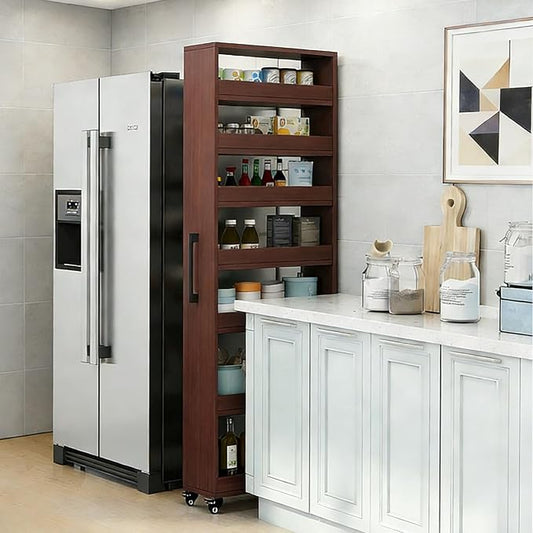 7-Tier Slim Storage Cart, Wooden Rolling Pantry Cabinet with Wheels, Narrow Shelf Organizer for Kitchen, Bakers Rack, Dining Room, Closet,Teak,W5.9×D17.7×H72.4