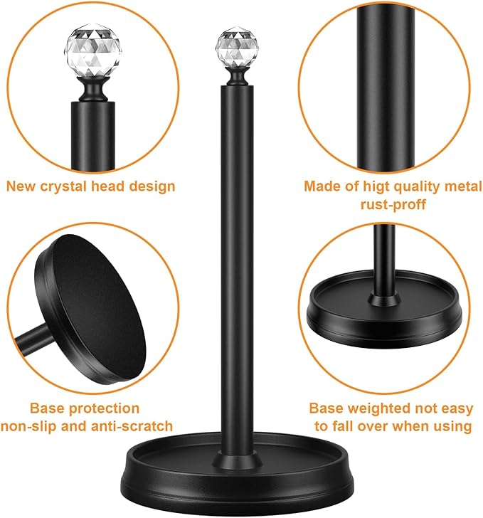 Paper Towel Holder, Steel Paper Towel Holder Countertop with Crystal Head for Kitchen Countertops, Bars & Dining Tables (Matte Black,2 Pack)