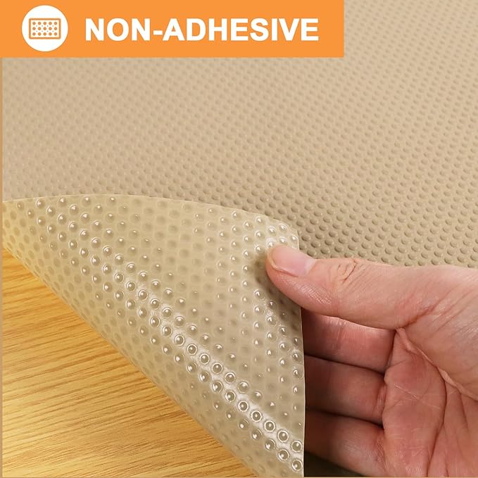 FLPMIX Shelf Liners for Kitchen Cabinets: 17.7" Wide Waterproof Non-Adhesive Drawer Liner - 17.7" x 96" Khaki Easy to Cut Cupboard Mat for Pantry Shelves