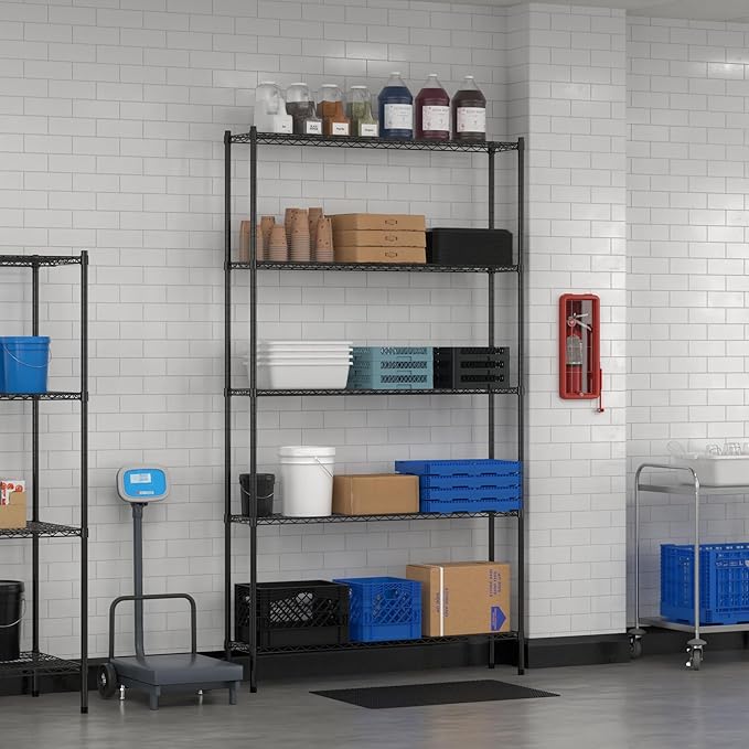 Commercial NSF Listed Black Epoxy Stationary Wire Shelving Kit 12" x 54" x 96", with 5 Shelves Perfect for Warehouse, Walk-in Refrigerator, Freezer, Grocery Store, Restaurant, Dishroom