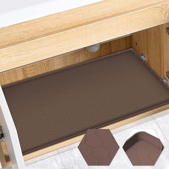 FORWOS Waterproof Under Sink Mat 22" x 19", Silicone Cabinet Liner, Rubber Protector for Kitchen and Bathroom, Keeps Cabinets Clean, Dry, and Organized (Brown)