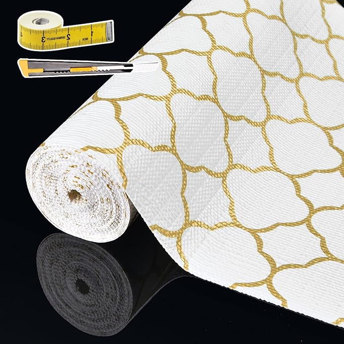 Shelf Liners for Kitchen Cabinets 17in x 20FT Non Adhesive Drawer Liner Gold Quatrefoil Thickened Shelf Liner Paper Strong Non-Slip Easy to Clean for Tool Box Refrigerator with Knife and Tape Measure