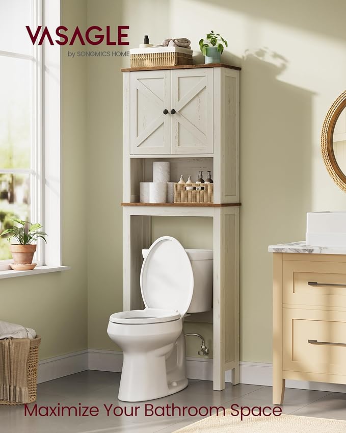 VASAGLE LIRY Collection - Over-The-Toilet Storage Cabinet, 60.8 cm Wide Farmhouse Bathroom Organizer, with Barn Doors, Adjustable Shelf, Space-Saving, Rustic White UBTS026W01