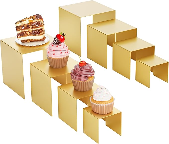 Matte Metal Display Stand,6 Pcs 2 Set Display Risers for Display, Metal Rectangular Display Shelf for Showcase, Dessert, Toys, Perfume (Gold, 3''x4''x5 x6)
