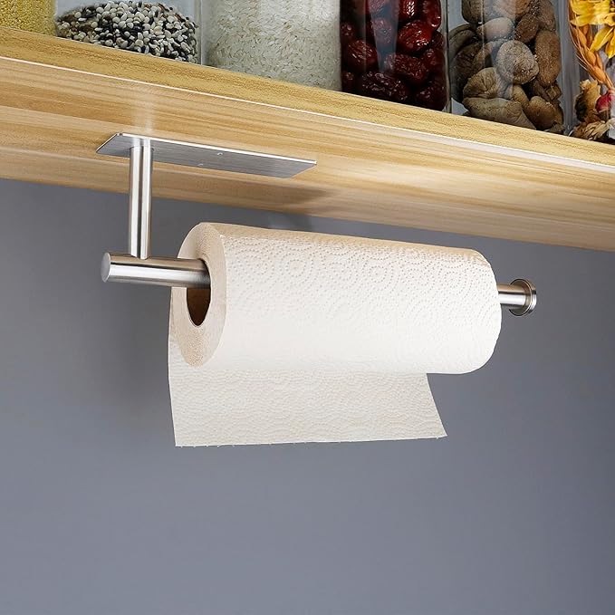 Paper Towel Holder Under Cabinet, Self Adhesive Paper Towel Roll Holder Stick on Wall, Stainless Steel Paper Towel Rack for Kitchen, Bathroom, RV
