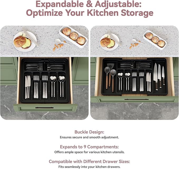2 Pack Silverware Organizer, Expandable and Adjustable Kitchen Utensil Drawer Organizer, Plastic Cutlery Holder with Multiple Compartments,Cutlery Holder,for Spoons Forks Knives,Black,UAFD012B