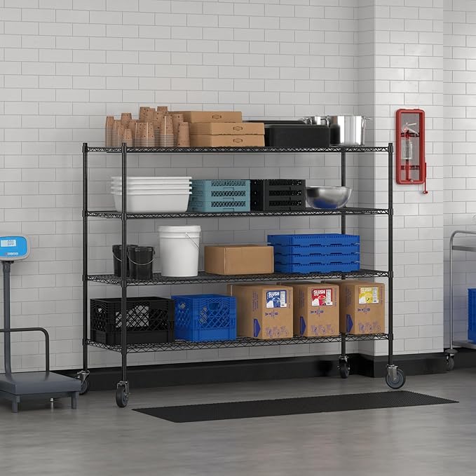 Commercial NSF Listed Black Epoxy Mobile Wire Shelving Kit 24" x 72" x 60", with 4 Shelves Perfect for Warehouse, Walk-in Refrigerator, Freezer, Grocery Store, Restaurant, Dishroom