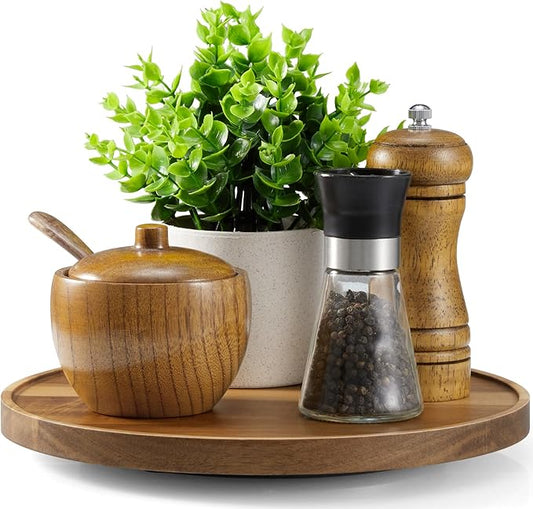 9" Acacia Wood Lazy Susan Turntable Organizer for Cabinet - Round Wooden Lazy Susan Organization and Storage for Pantry Table Kitchen Countertop Cupboard Coffee Bar Farmhouse Decor