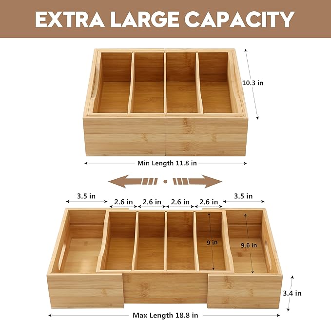 2 Pack Expandable Food Container Lid Organizers, Gift for Christmas Bamboo Lids Organizer Inside Cabinet with 3 Adjustable Dividers Groove Design, Food Storage Box Lid Holder for Kitchen Organization