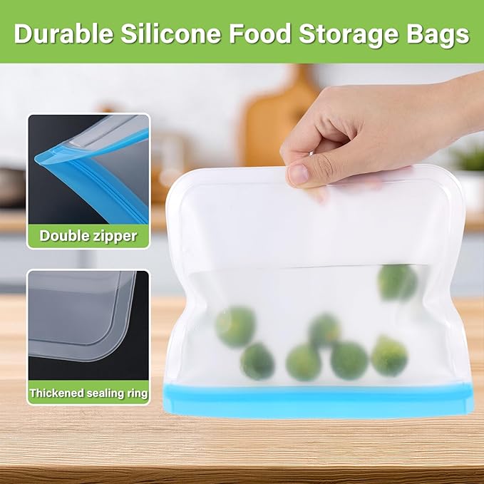 SZTCECDM 18 Pack Reusable Zip Lock Bags Silicone, 3 Sizes Leak Proof Freezer Bags, Food Storage Bags Keep for Fresh Fruits Veggie - 6 Gallon 6 Sandwich 6 Snack (Grey)