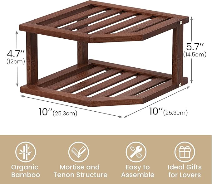 Bamboo Corner Shelf,2 Tier Plate Organizer for Cabinet and Countertop,Pantry Dish and Spice Rack for Kitchen（Brown）
