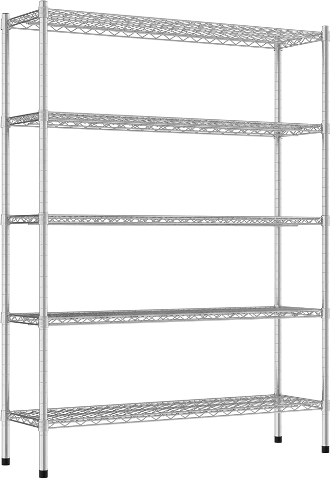 Commercial NSF Listed Chrome Stationary Wire Shelving Kit 14" x 48" x 64", with 5 Shelves Perfect for Warehouse, Walk-in Refrigerator, Freezer, Grocery Store, Restaurant, Dishroom