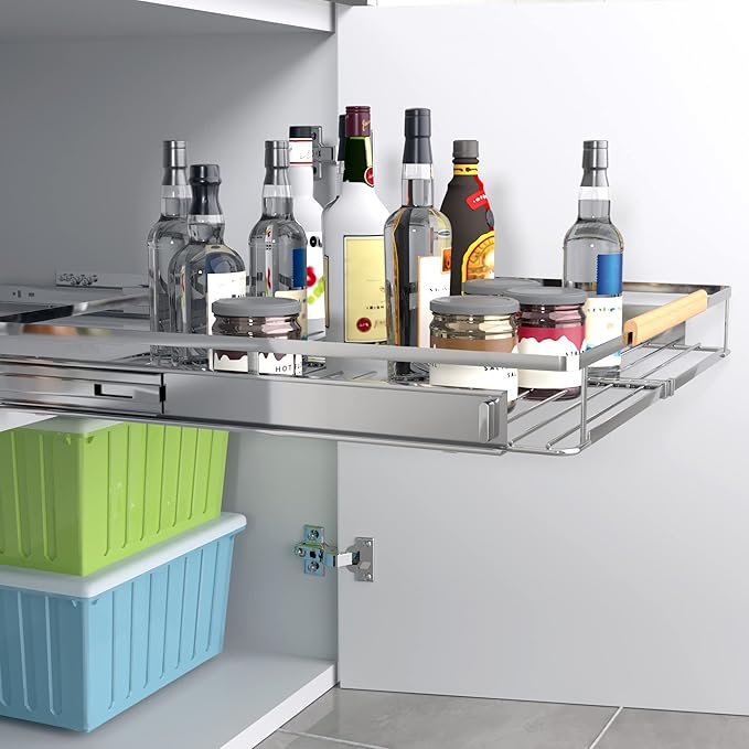 Expandable Pull Out Cabinet Organizer,17.1~28" W x 22.5" D Heavy Duty Slide Out Shelves Adjustable Height Cabinet Pull Out Shelves,Expandable Width Spice Rack Organizer for Kitchen Cabinet