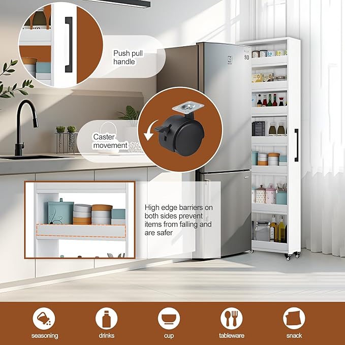 7-Tier Slim Rolling Storage Cart, Wooden Narrow Pantry Cabinet with Wheels, Tall Space-Saving Shelf Organizer for Kitchen, Laundry, Bathroom (Black, 59" H*9.8" W*23.6" D)