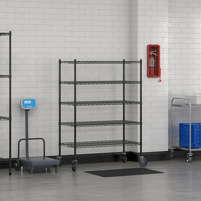 Commercial NSF Listed Black Epoxy Mobile Wire Shelving Kit 21" x 42" x 60", with 5 Shelves Perfect for Warehouse, Walk-in Refrigerator, Freezer, Grocery Store, Restaurant, Dishroom