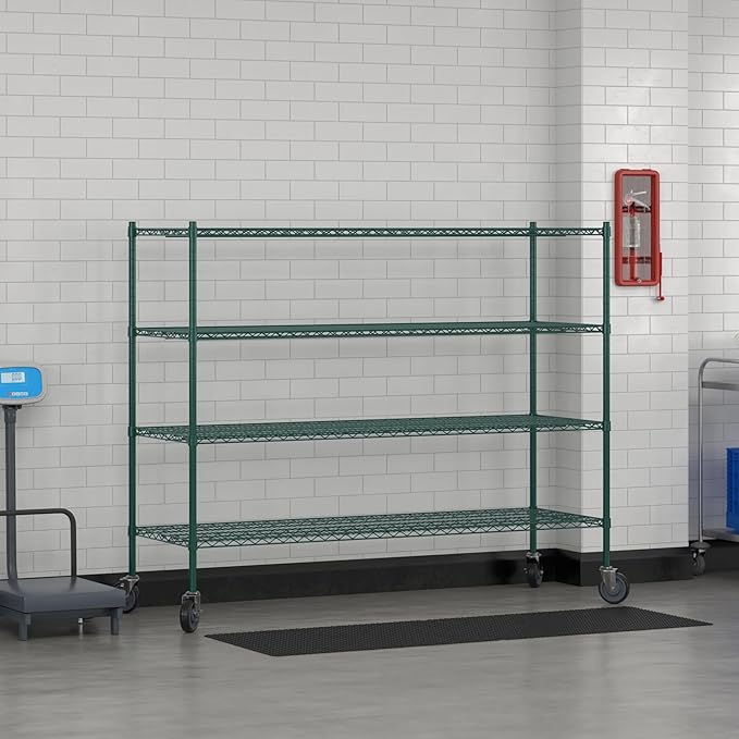 Commercial NSF Listed Green Epoxy Mobile Wire Shelving Kit 24" x 72" x 60", with 4 Shelves Perfect for Warehouse, Walk-in Refrigerator, Freezer, Grocery Store, Restaurant, Dishroom