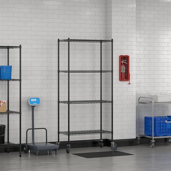 Commercial NSF Listed Black Epoxy Mobile Wire Shelving Kit 18" x 36" x 80", with 4 Shelves Perfect for Warehouse, Walk-in Refrigerator, Freezer, Grocery Store, Restaurant, Dishroom