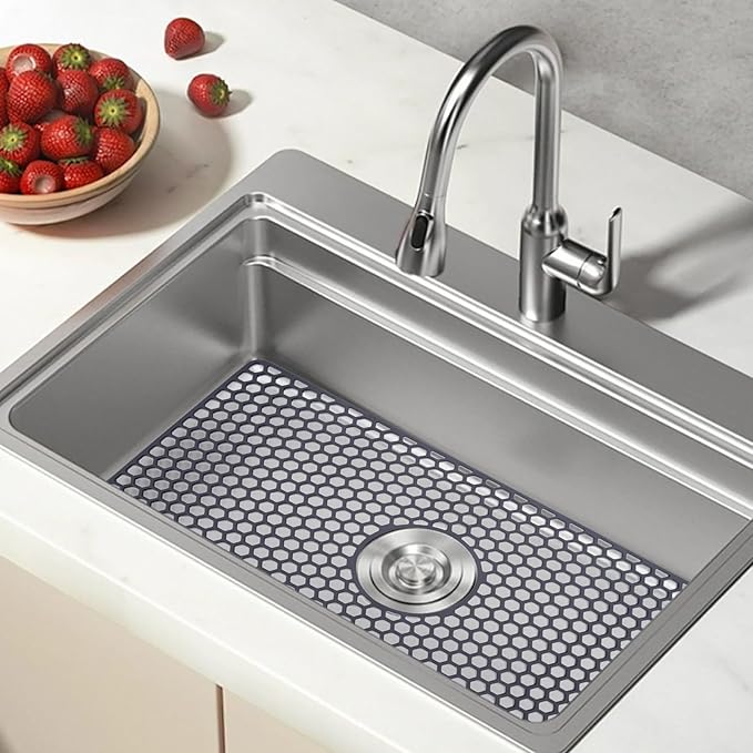 Myirxcv Sink Protectors for Kitchen Sink, 24.8"x 13" Farmhouse Kitchen Sink Protector Grid, Silicone Mat for Farmhouse Stainless Steel Porcelain Sink（Center Drain）