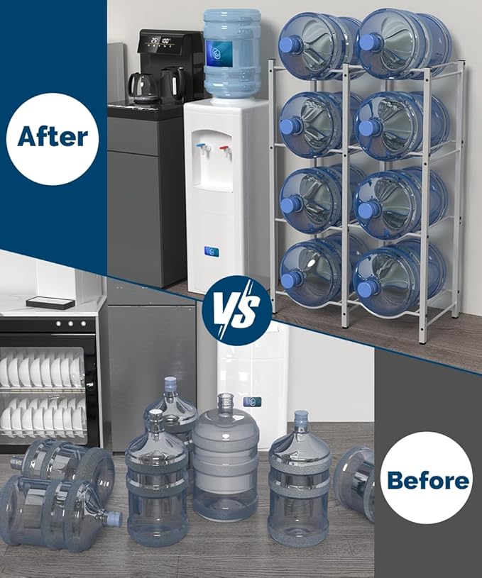 mocomax 5 Gallon Water Jug Rack, Detachable Water Bottle Holder for 8 Bottles, 4 Tier Heavy Duty Water Cooler Jug Rack, Water Bottle Organizer Storage Rack for Kitchen, Office, Living Room, White