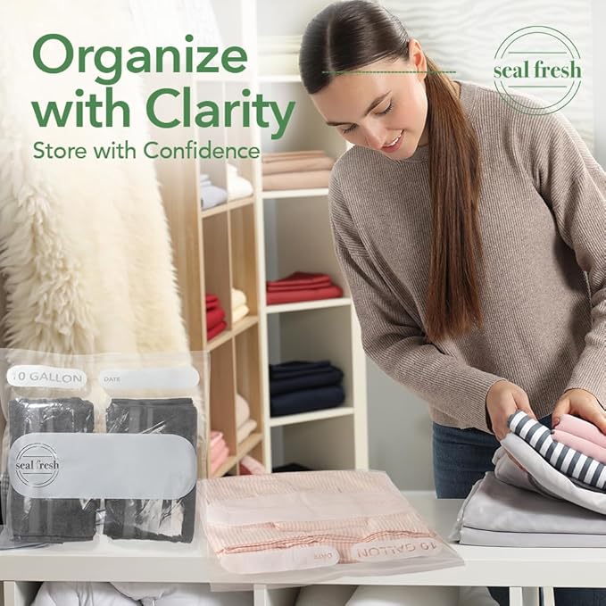 Seal Fresh 10 Gallon Large Plastic Storage Bags – 24" x 24" (15 Count) – Reusuable XXL Extra Large Heavy Duty Clear Jumbo Freezer Zip Bags with Sealable Zipper Top For Clothes, Travel, Moving