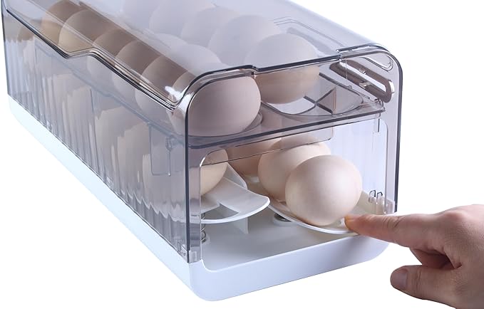 Sansam Egg Holder for Fridge, Automatic Rolling Egg Organizer for Refrigerator, Plastic Egg Container & Tray, Stackable Dispenser and Storage Bin with Sturdy Lid to Saving Space (Grey)