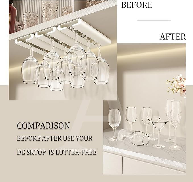 4Pack Wine Glass Rack, Punch-free Under Cabinet Stemware Rack for Kitchen and Bar (White)