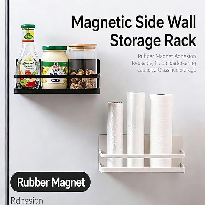 Magnetic Spice Rack for Refrigerator, Strong Hold Over Cabinet Spice Organizer, Kitchen Gadgets, No Drill Adjustable Magnetic Shelves with Tall Guardrail