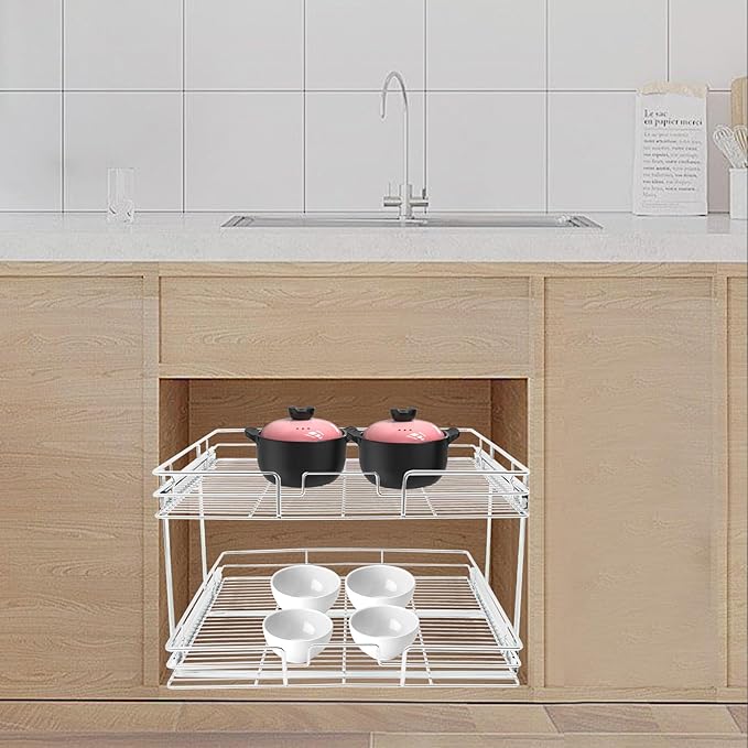 2 Tier Pull Out Cabinet Organizer 24 "W X 22 "D, Double Wire Basket Sliding Shelf, Pull Out Drawer for Kitchen Cabinets, Base Cabinet Organization for Kitchen, Bathroom, Pantry, Chrome (Silver)