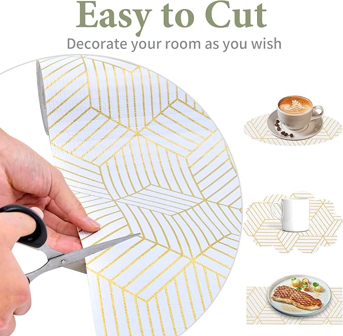 Shelf Liners for Kitchen Cabinets 35.4 in X 39.5 Ft, Non Adhesive Cabinet Liner Strong Non-Slip Thickened Gold Geometric Drawer Liner, Easy to Clean for Shelf, Cabinet with Knife and Tape Measure