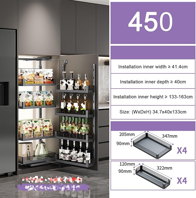 WIGING 4-Tier Narrow Cabinet Pull-Out Basket, High Cabinet Pull-Out Storage Rack with Adjustable Dividers for Kitchen Bathroom Pantry, Single-Layer Load Capacity: 15kg(34.7x40x133cm)