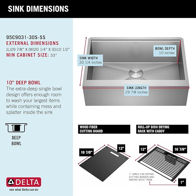 DELTA FAUCET Rivet 30-inch Workstation Farmhouse Apron Front Kitchen Sink Undermount 16 Gauge Stainless Steel Single Bowl with WorkFlow Ledge and Kit of 5 Accessories, 95C9031-30S-SS