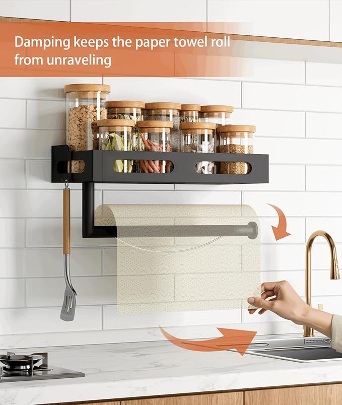 Paper Towel Holder Wall Mount for Kitchen, One-Handed Tear, Bathroom Paper Towel Holder with Shelf, RV Paper Towel Rack Wall Mount Paper Roll Holder with 4 Hooks, Drill Mount/Matte Black