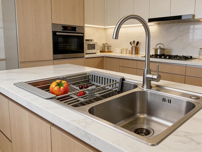 Over Sink Dish Drying Rack Gray, Sink Dish Drainer Expandable Stainless Steel Dish Drainers for Kitchen Counter Dish Dryer Rack Utensil Holder Kitchen Organizer for Dishes Veggies and Fruits