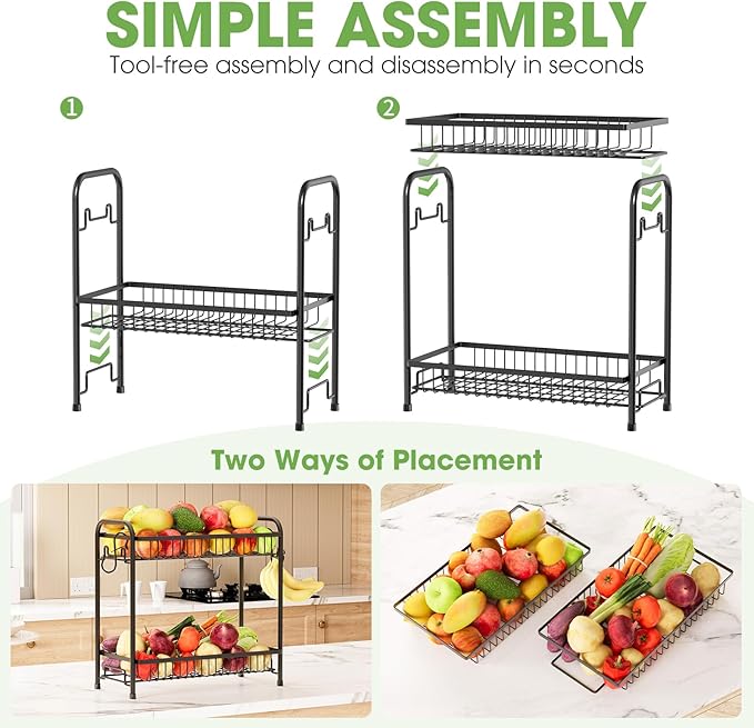 Fruit Basket for Kitchen Counter, Extra Large Fruit Bowl with Banana Hangers, 2 Tier Fruit Holder Stand Countertop Organizer for Vegetable Onion Potato Bread Snack Produce Storage and Display, Black