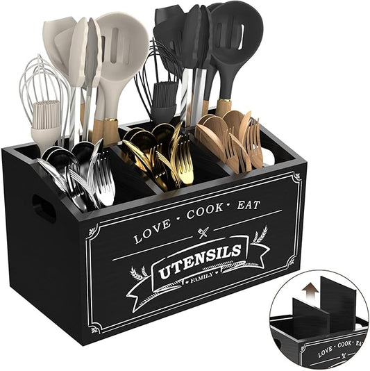 Large Kitchen Utensil Holder with 5 Compartments, Wooden Cooking Utensil Holder for Countertop or Wall Mount, Rustic Farmhouse Utensil Caddy for Silverware, Forks, Spoons, and Spatulas (Black)