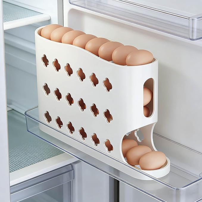 2026 Egg Holder for Fridge, Eggs Dispenser Auto Rolling, No Assembly Required Easy Access, for Refrigerator Tilted Design Kitchen Organizers and Storage Eggs Rack (White)