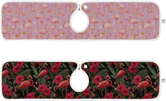 2 PCS Kitchen Sink Splash Guard 23.6 Inch Faucet Mat for Kitchen Sink Bathroom Sink Faucet Absorbing Drip Drain Mat Pad Microfiber Soft Washable Black and Pink Flamingo Petals