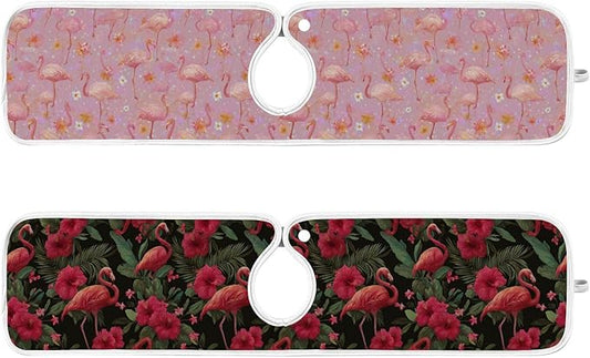 2 PCS Kitchen Sink Splash Guard 23.6 Inch Faucet Mat for Kitchen Sink Bathroom Sink Faucet Absorbing Drip Drain Mat Pad Microfiber Soft Washable Black and Pink Flamingo Petals
